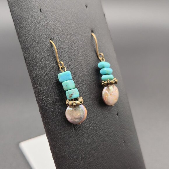 Copper Genuine Pearl With Turquoise Stones Dangle Earrings A6093 - Picture 2 of 5